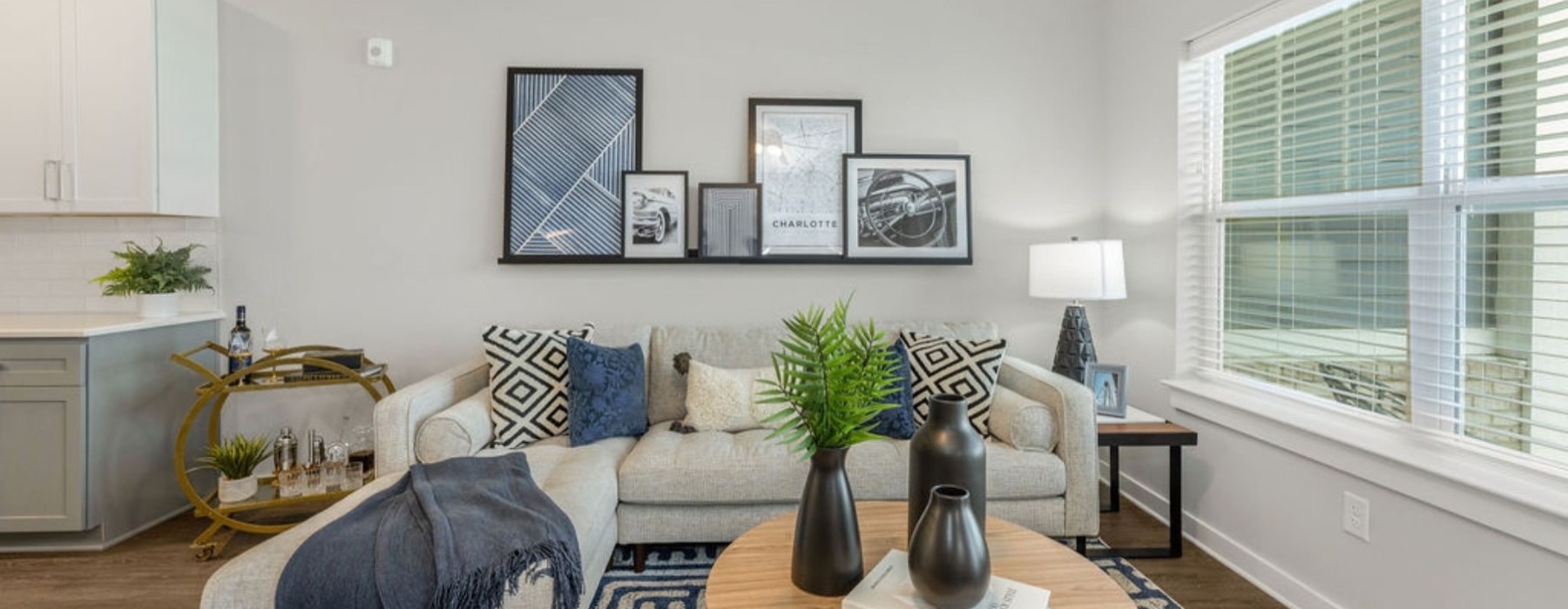 a living room with a couch and a table